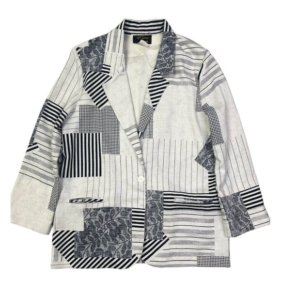 Vtg Blazer Womens L Ivory Black  Floral Lace Stripe Houndstooth Patchwork Print - Picture 1 of 16